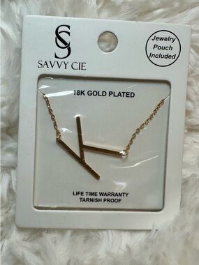 Savvy Cie Initial K Necklace 18K Gold Plated Tarnish Proof NIB